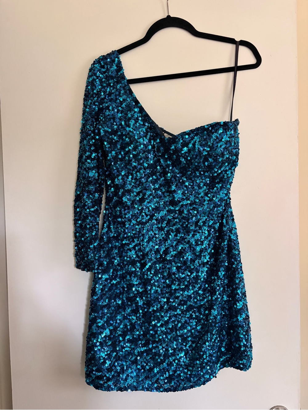 One-Shoulder Teal Sequin Mini Dress